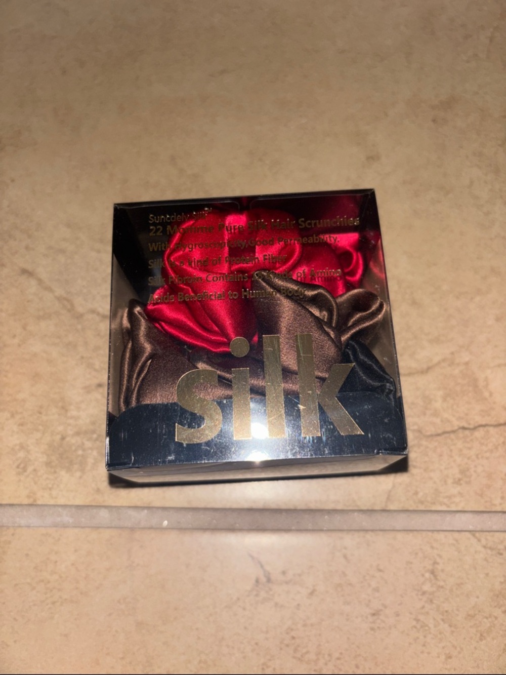 Silk 3 Pack Satin Hair Scrunchies - Red black  & Brown